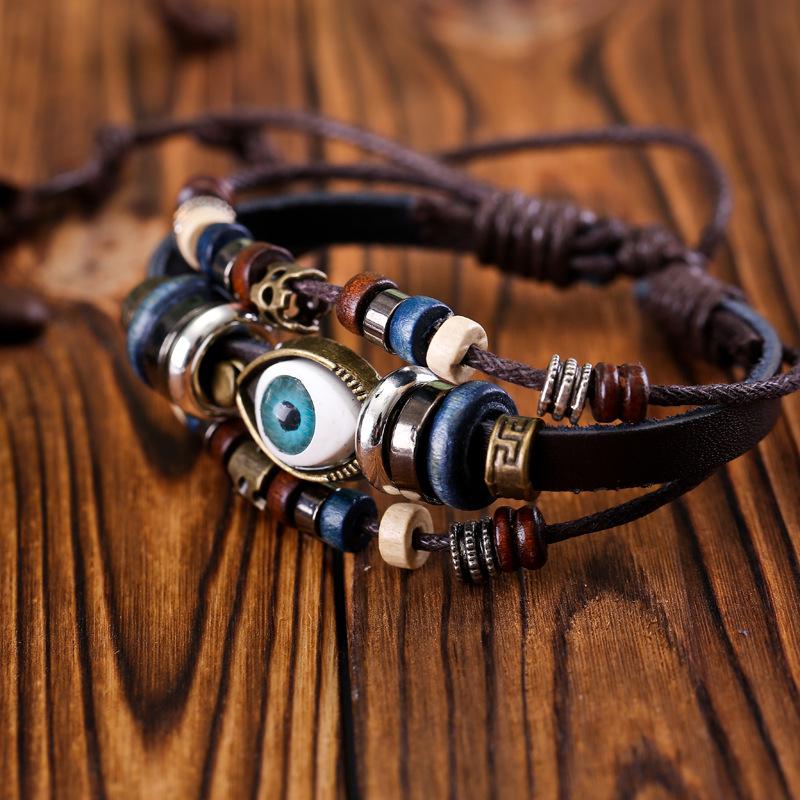 1PC Handmade Couple Retro Bracelet Craft Jewelry Multi-layer Cowhide Eye Woven Jewelry