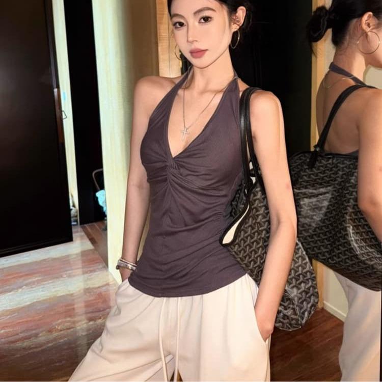 Summer Sexy halter sling t shirt for Women's V-neck sleeveless T-shirts casual Slim Elastic Skinny y2k tank Tops women clothes