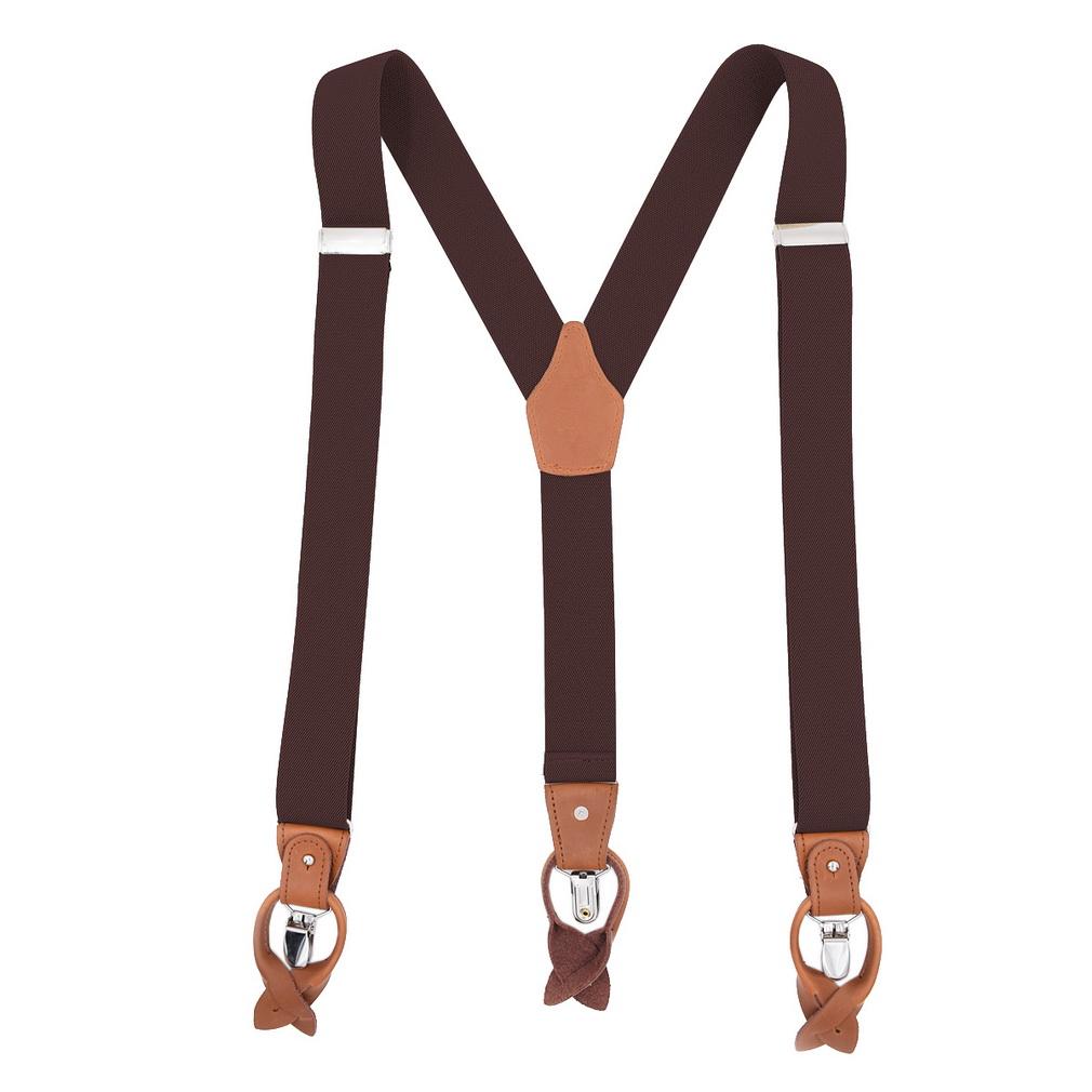 Men 2-in-1 Y-Back Suspenders Elastic 6 Clips Button End Genuine Leather Braces