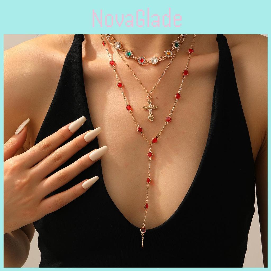 Kreuz Halskette Geometrischer Legierung Anhänger Mehrschichtige Kette Für Frauen Sommer