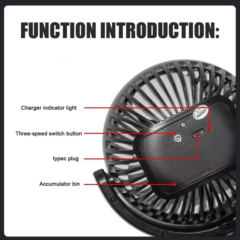 Battery Powered Fan For Car Car Camping Fan Rechargeable Quiet 360 Adjustable Suction Cup 3 Speed Ventilating Blower For Desk