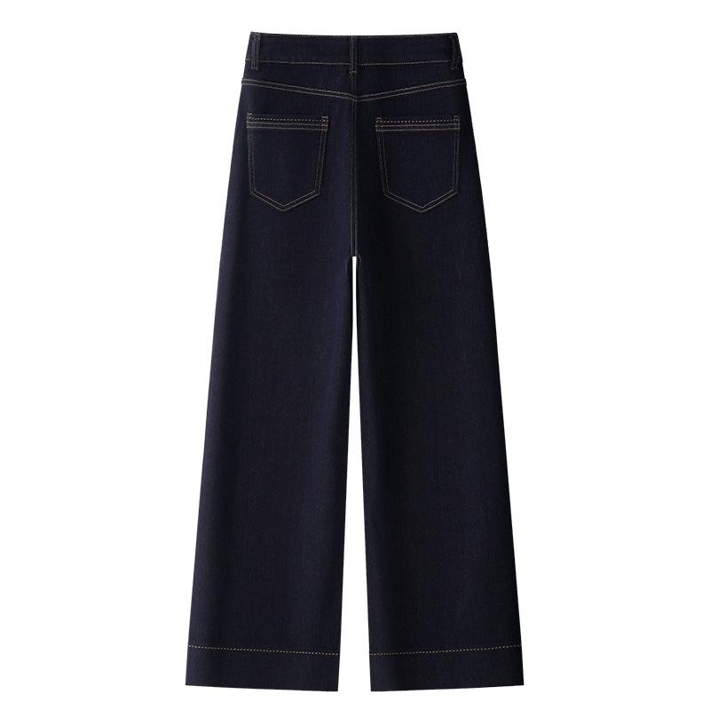 Women's 2025 Dark Blue High-Waisted Straight-Leg Jeans - Loose, Floor-Length Wide-Leg Pants for Spring