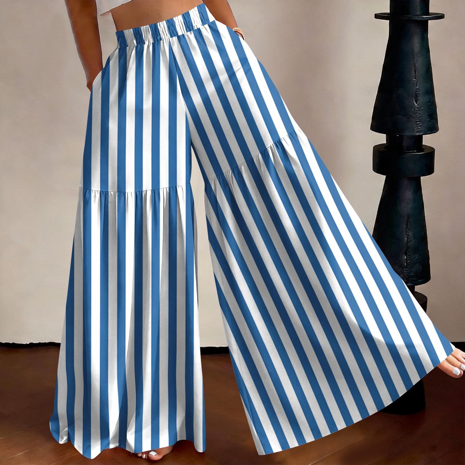 

Women s High Waist Wide Leg Pants Loose Fit Lightweight Breathable Striped Print Casual Trousers with Elastic Waistband for Everyday Wear S тёмно-синий