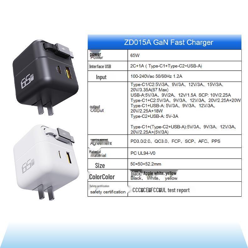 65W GaN Mobile Charger with Retractable Cable, USB & Type-C Ports, Compatible with Chinese & European Plugs