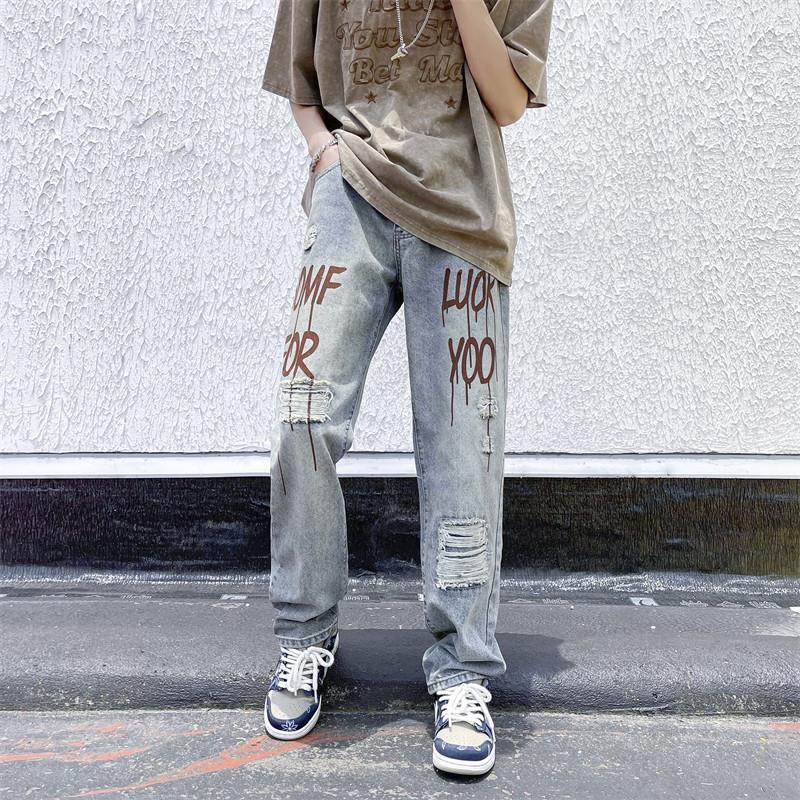 Men's Summer Ripped Ink-Print Harajuku Jeans - Straight Leg Trendy Pants