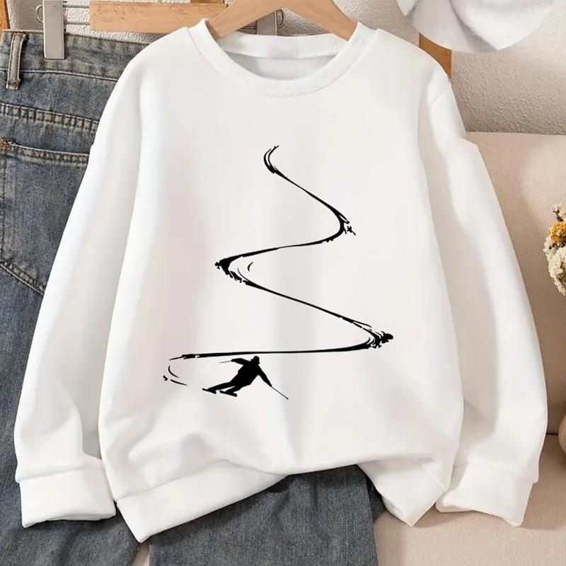 Kids Crewneck Sweatshirt, Dynamic Curved Skiing Silhouette Print, Soft Comfy Pullover