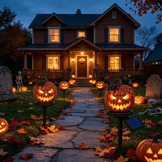 Halloween Party Accessory Solar Pumpkin Garden Stake Light, Waterproof Resin LED Jack O Lantern Lantern, Spooky Yard Lighting for Outdoor