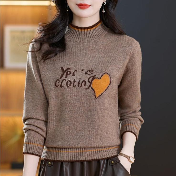 Women's Thickened Wool Sweater Autumn Winter Half-High Neck Printed Wool Sweater Loose Knit Pullover Top