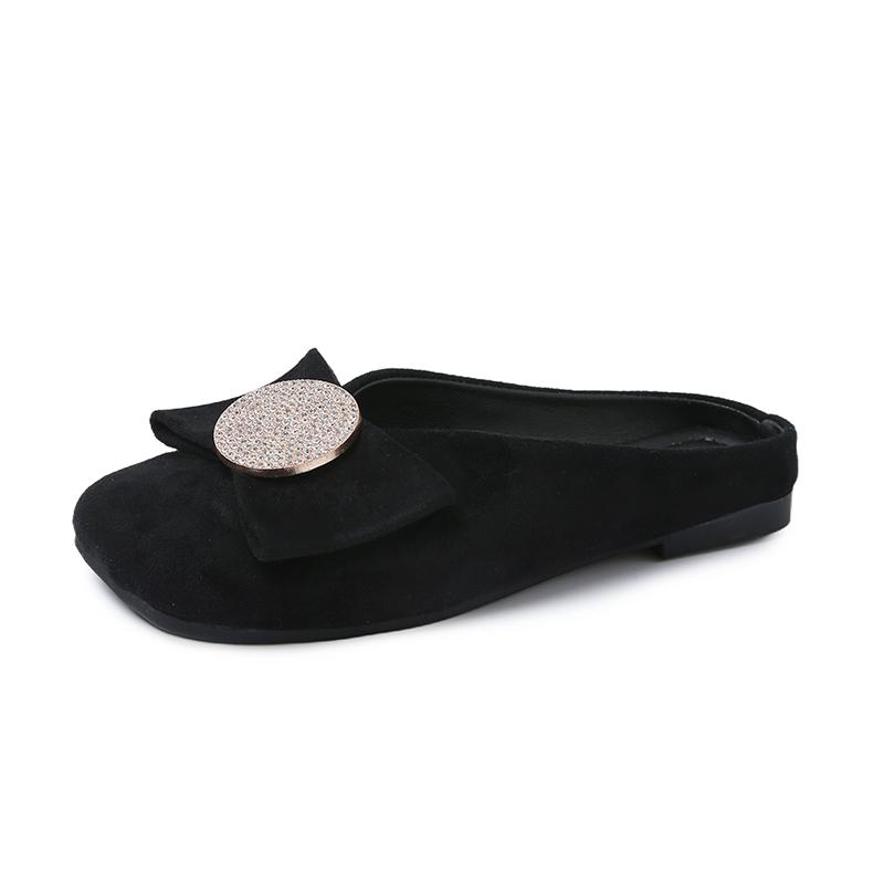 Fashion Square Head Shallow Mouth Cow Suede Slippers Summer New Baotou Crystal Buckle Soft Sole Anti-slip Wear-resistant Flat Shoes