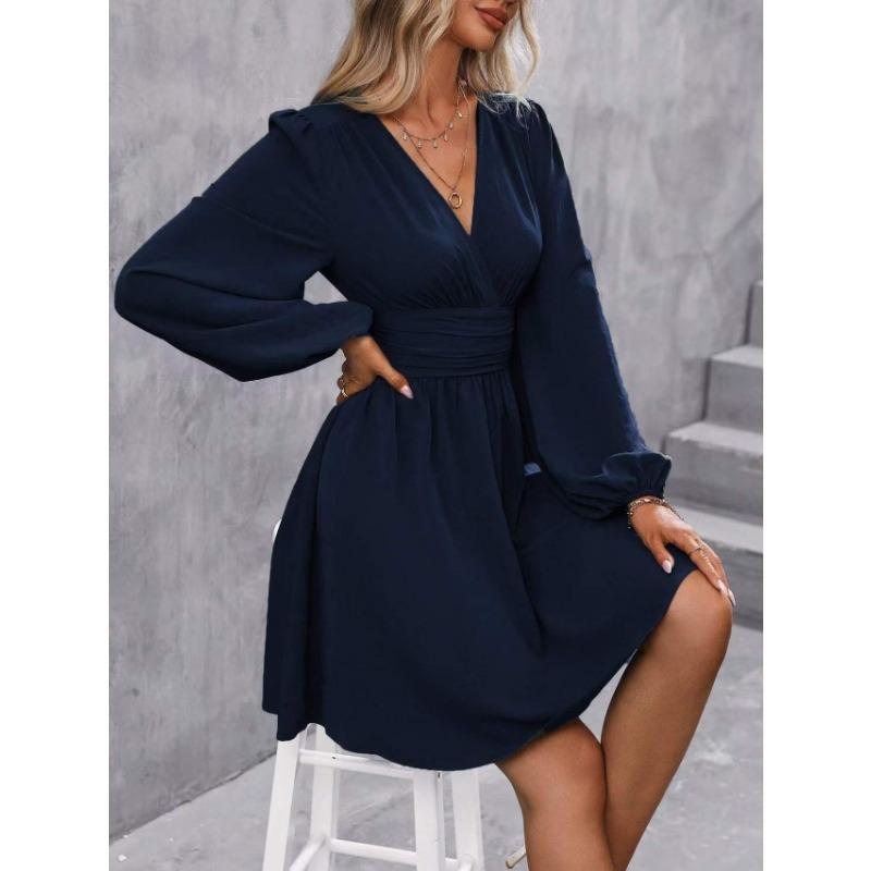 Women S V Neck Lantern Sleeve Solid Color High Waist Dress