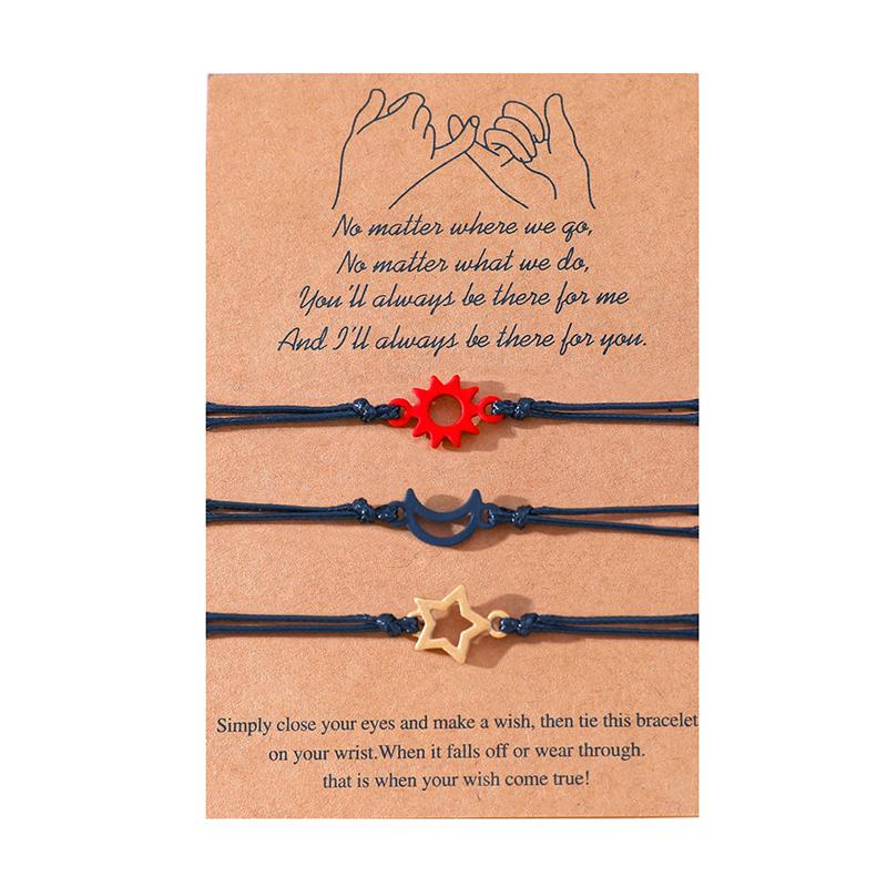 2025  Friendship Card Bracelet Able And Personalized Alloy Oil Drop Sun Moon Star Wax Rope Woven Bracelet 3-Piece Set