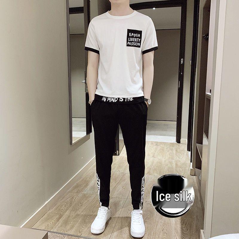 

Мужской летний повседневный комплект большого размера: Свободная футболка с коротким рукавом и брюки длиной девять очков M белый