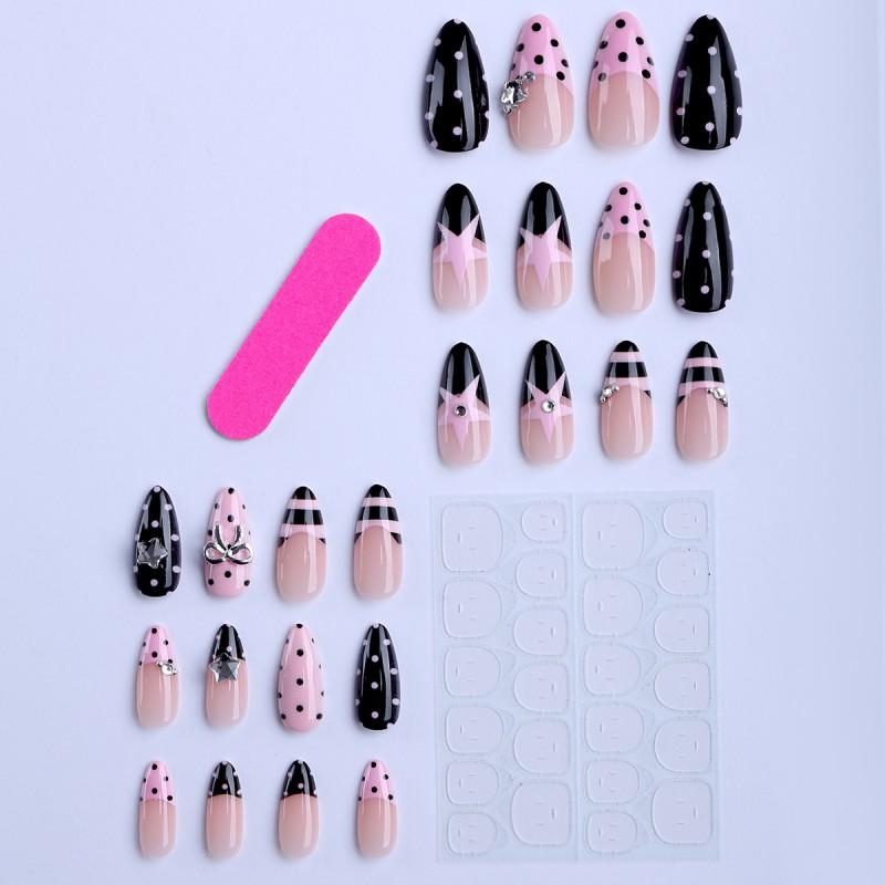 Almond Shape Press-On Nails With 3D Bow Polka Dot Design Pink Gel Finish Women Sweet Style CY-01-394 Jelly Gel Nail Strip