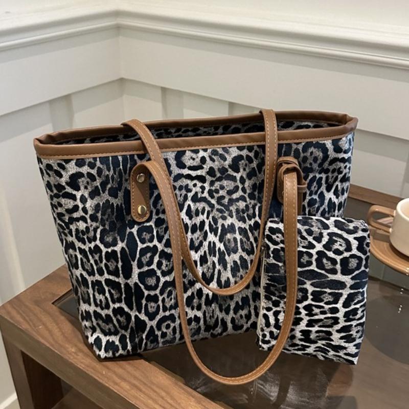 Leopard Print PU Leather Tote Bag Large Capacity Casual Underarm Bag for Travel Shopping for Women