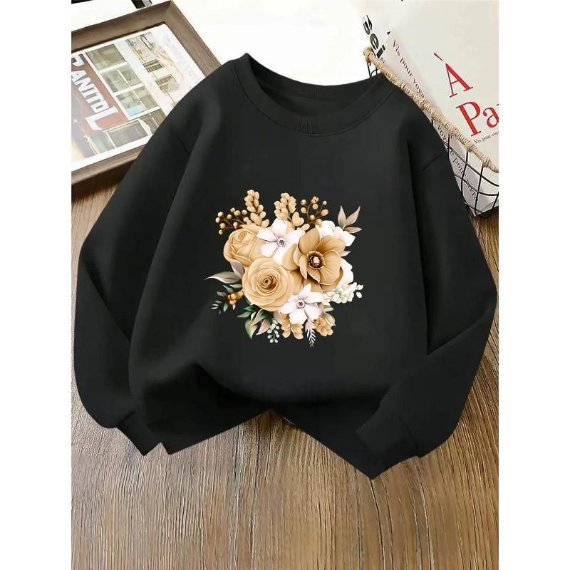 Girls' Round-Neck Hoodie | Golden Roses White Flowers Berries, Machine Washable, Spring and Autumn