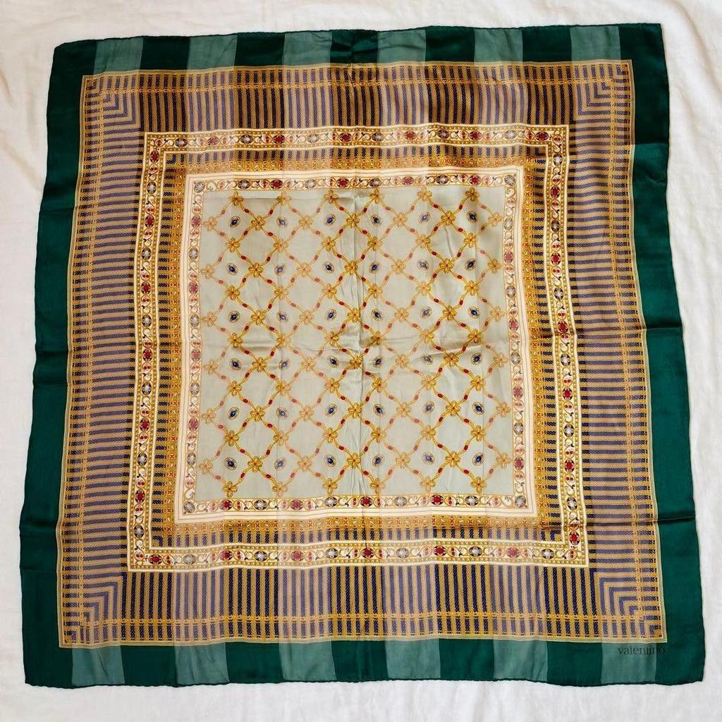 Used Valentino Large Scarf, Jewel Print, Classical Design, Green Tones