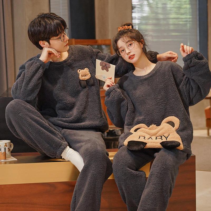 Couples' Cozy Flannel Pajama Set: Women's Plus Velvet, Men's Loose Fit, Warm Coral Fleece Homewear