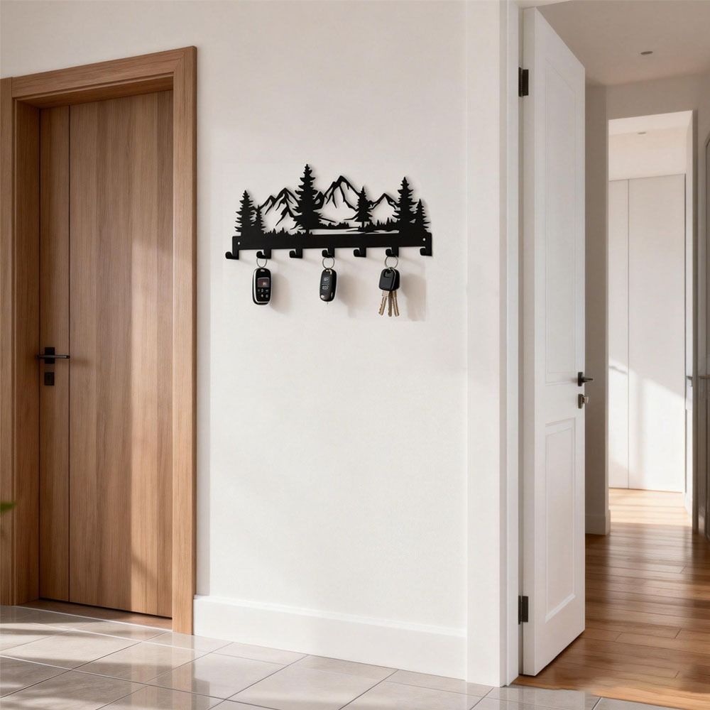 Charming Forest Design Key Storage Rack Wall-mounted Black Entry Wall Key Hook Metal Wall Hanging Rack For Storing Keys