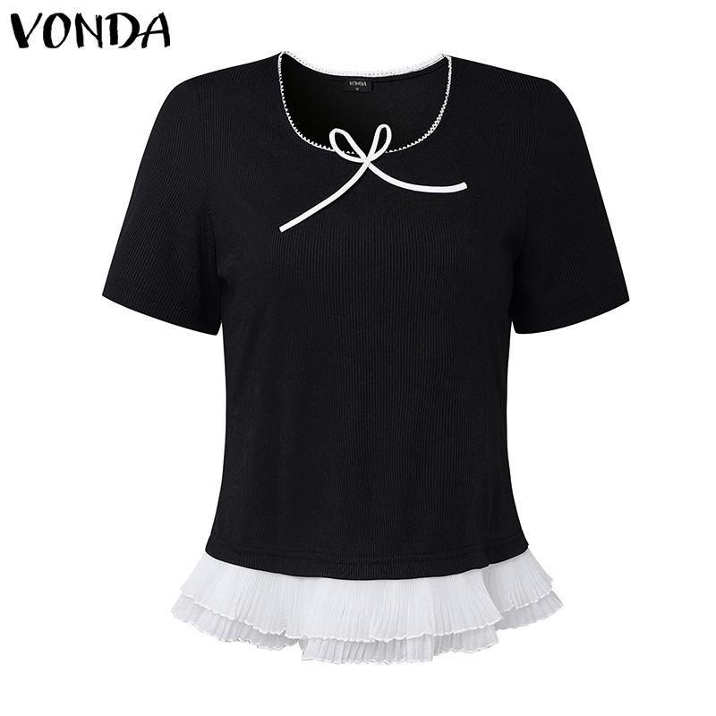 

VONDA Women Short Sleeve Stretch Ruffled Casual Slim Waist Rib Blouse S