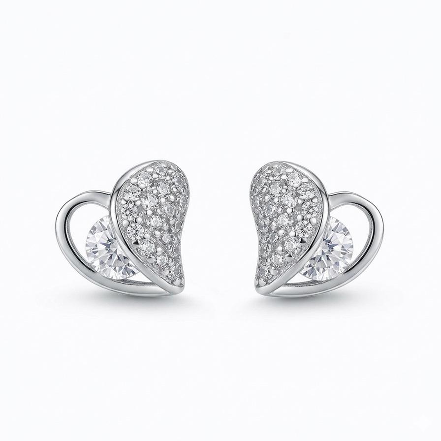 European American Retro Zircon Four-Leaf Clover Bow Heart Stud Earrings, 925 Silver
