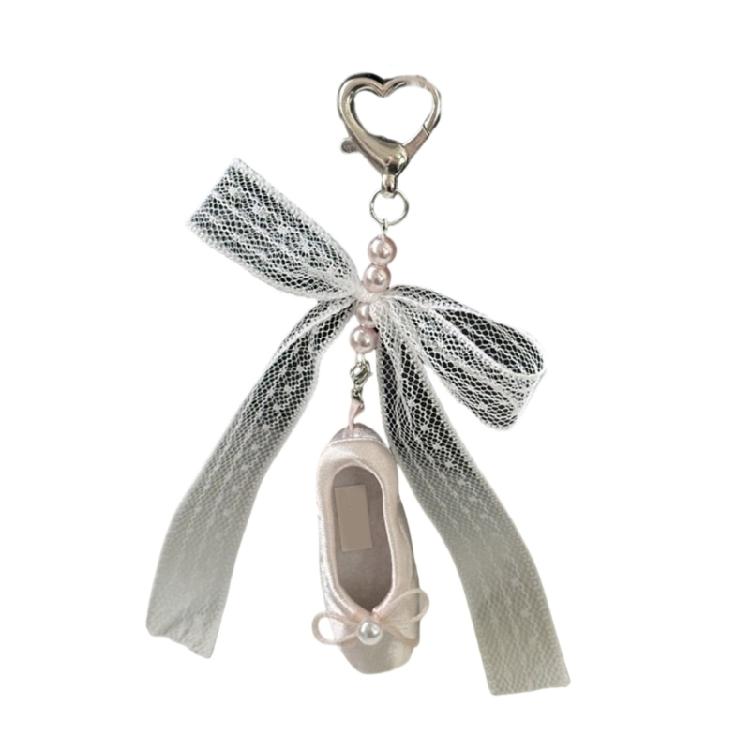 Ballet Shoe Keychain Featuring Lace Bowknot And Pearls Detail For Fashion Forward Individuals And Dance Fan