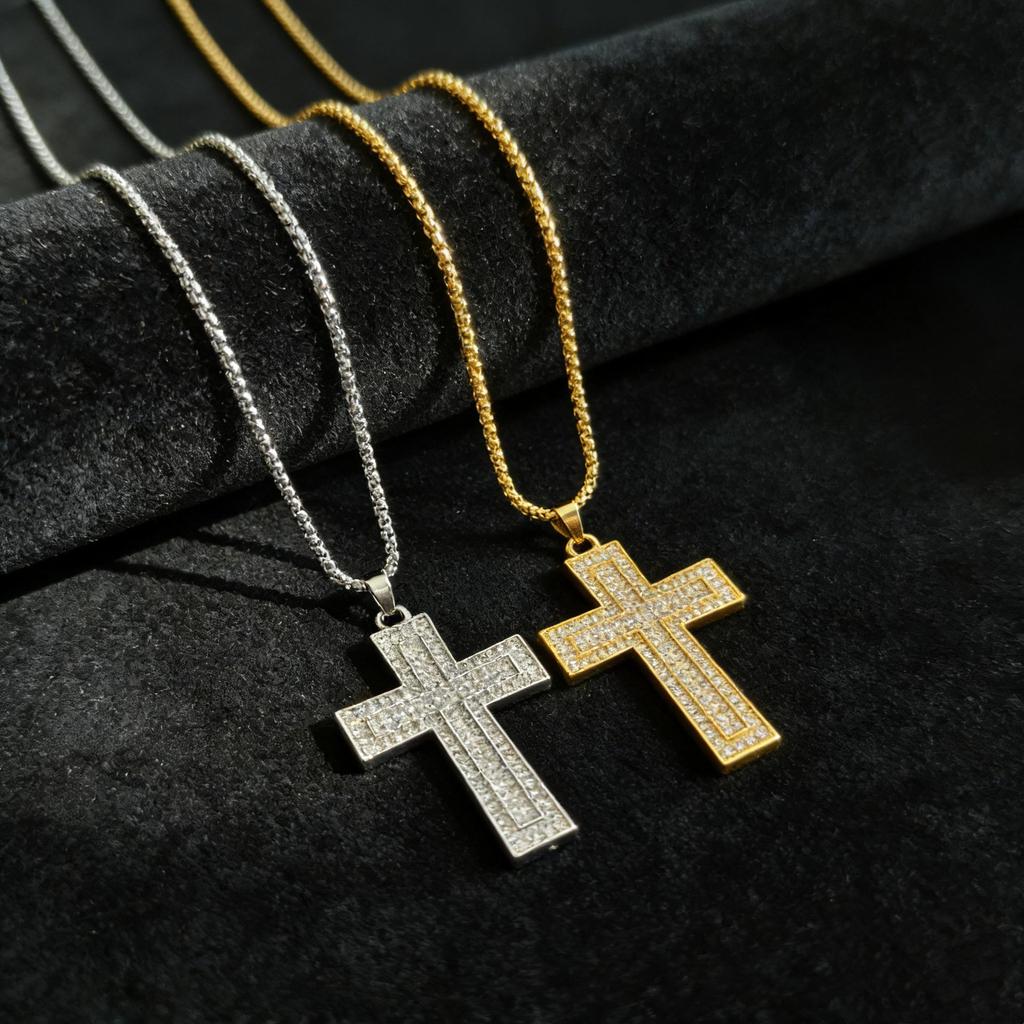 European-American Hip Hop Full Diamond Cross Pendant Necklace - Unisex Sweater Chain Accessory