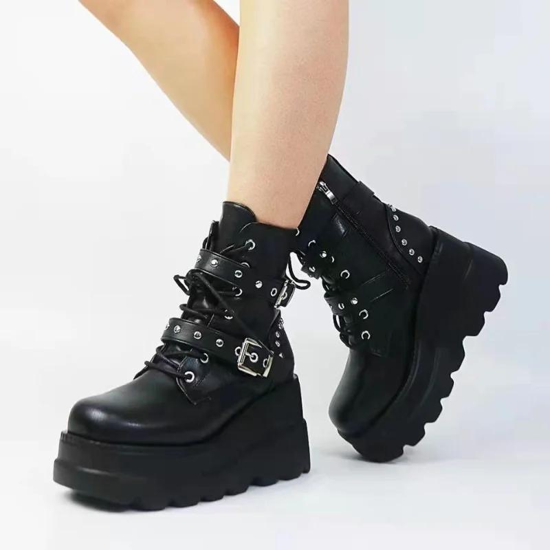Fashion Stylish Punk Chic Platform Wedge Heeled Boots - Lace Up Ankle High, Comfortable, Versatile Women's Footwear for Everyday Wear