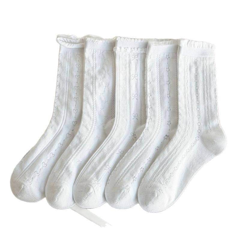 Sock - Spring/Summer Lightweight Solid Color Opened-Up Layered Socks with Earwig Lace and Mid-Calf Length