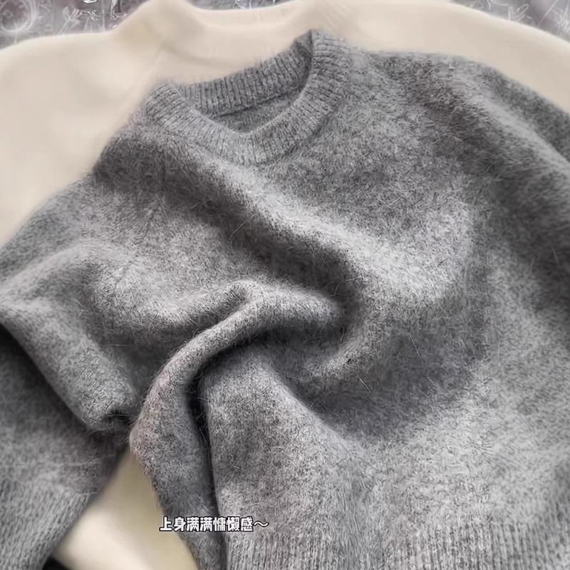 Premium Gray Soft Waxy Raccoon Fleece Pullover Sweater Women's Lazy Wind Slack and Thin Knitted Top Autumn and Winter