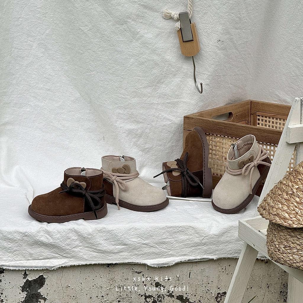 XSHX children's retro Chelsea short boots side zipper autumn and winter new Wenzhou classmates girls bow wide spread toe