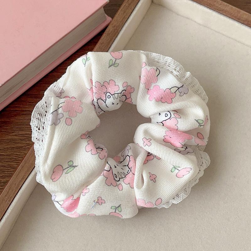 Elegant Print Lace Edge Wide Scrunches For Women Girls Sweet Hair Tie Cute Exquisite Hair Band  Hair Accessories Gifts