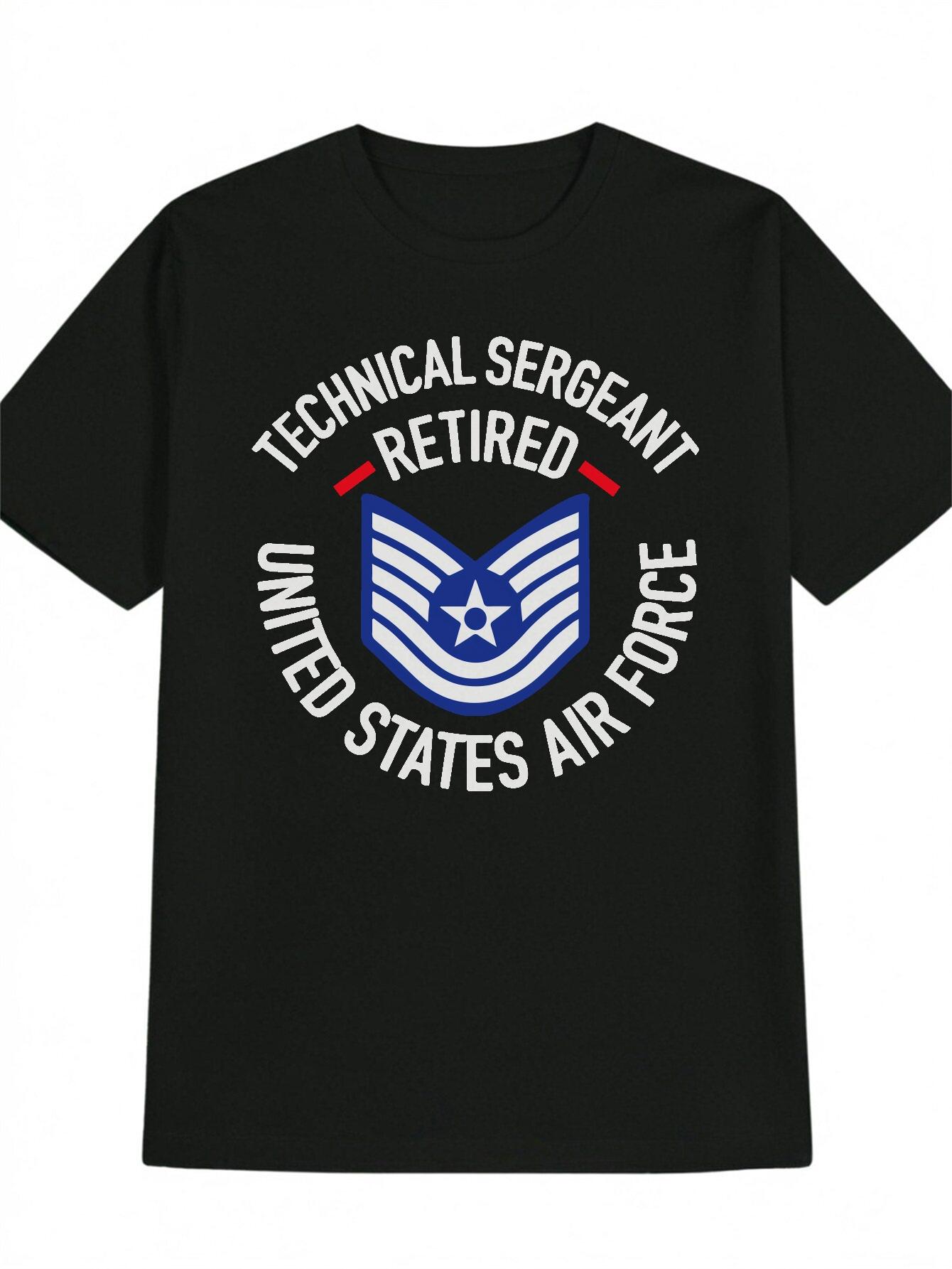 Casual Graphic T-shirt - Black Military-Inspired Technical Sergeant Retired US Air Force Design with Blue/Red/White Emblem Print S