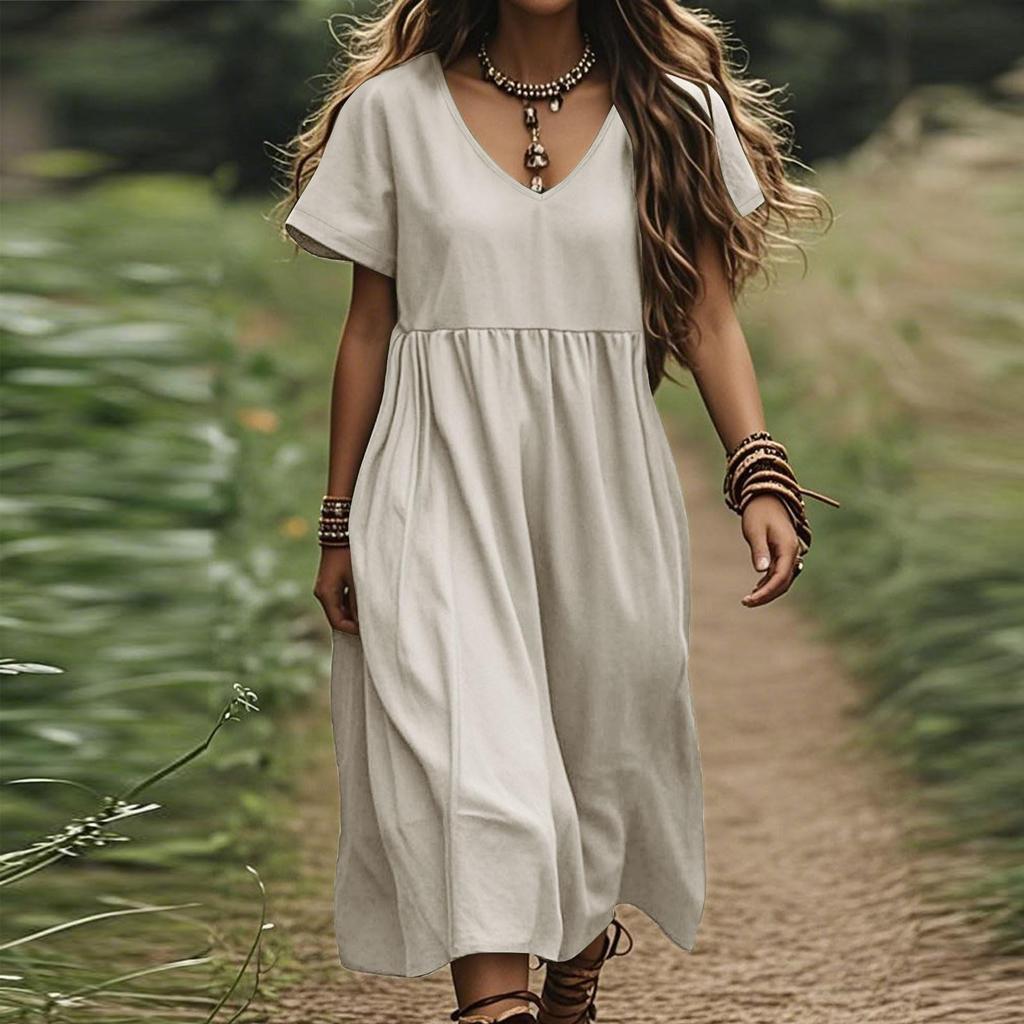 Kjoler for kvinner Sommer Casual Knappelukking V-hals Kortermet Arbeidskjoler