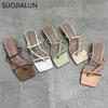 Fashion SUOJIALUN Summer Square Low Heel Women Slipper Fashion Narrow Band Ladies Sandal Outdoor Beach Casual Slides Shoes Big Size 40