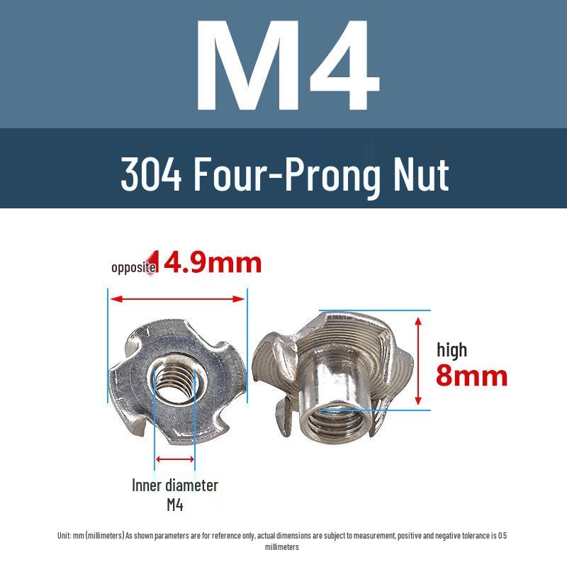 Yi Gu 304 Stainless Steel Four-Prong Furniture Nut for Wood Board, M4-M10