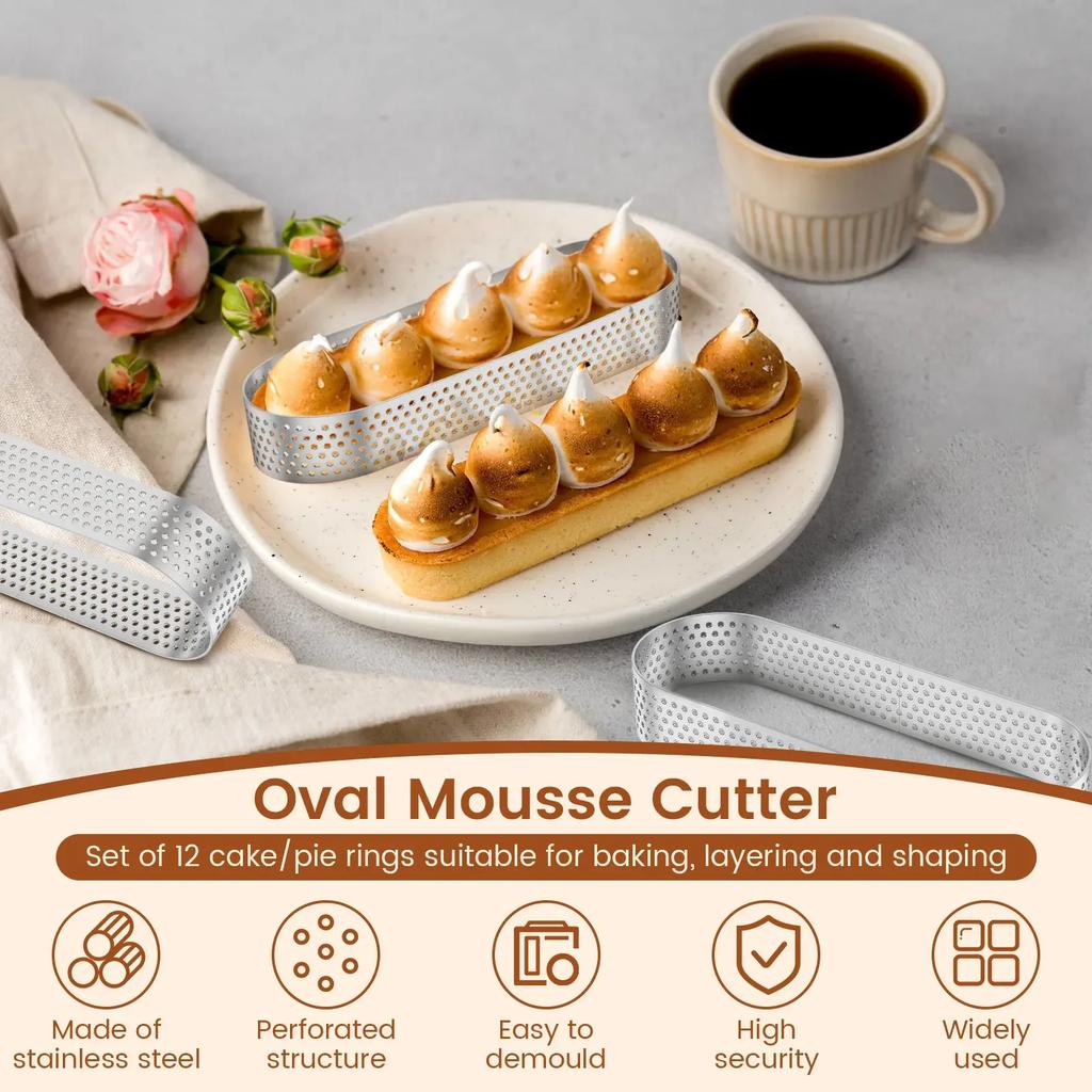 12Pcs Oval Muffin Tart Rings Stainless Steel Porous Tart Ring Perforated Cake Mousse Mold Cookies Cutter Pastry Quiche Mold Tool