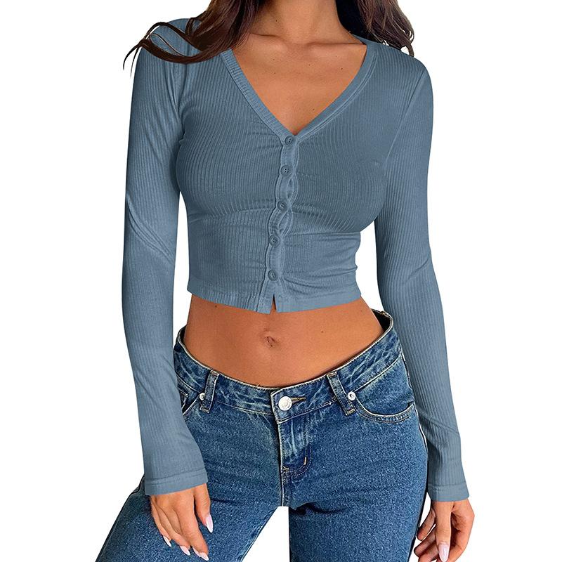 Frühlings- und Herbst Damenbluse Y2K Slim Fashion Geripptes Streifenmuster Langarm Knopfleiste