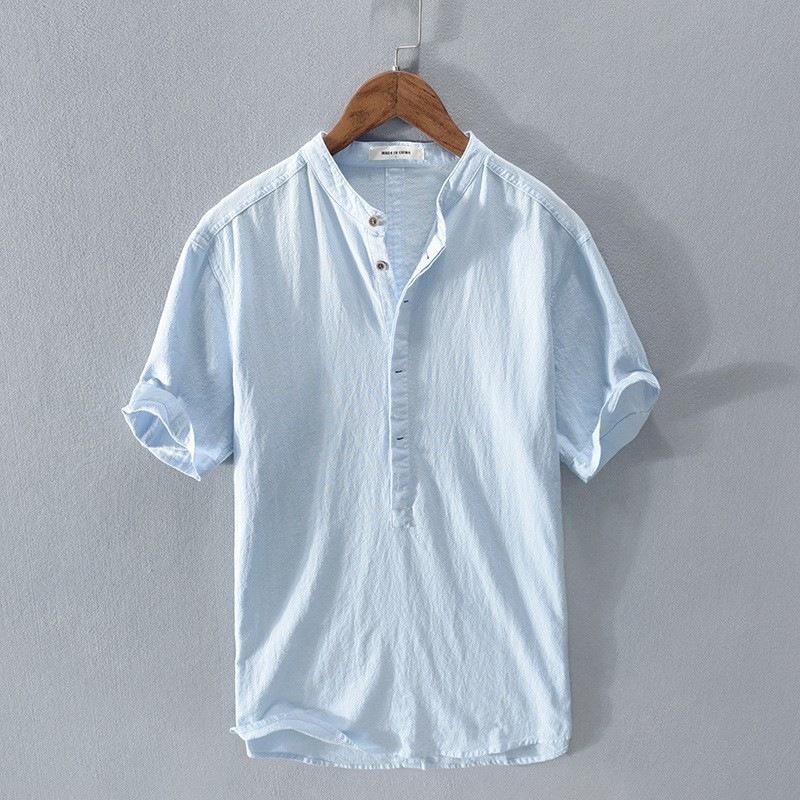 2025 Summer Men's Linen Henley Collar Lightweight Breathable Short-Sleeved Shirt