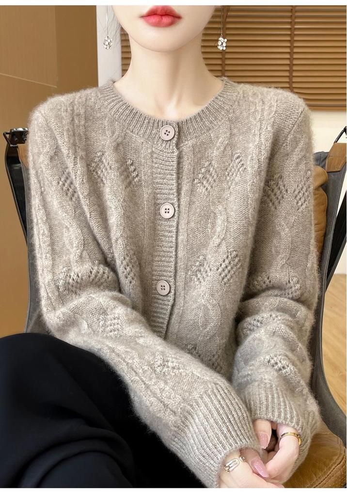 Women's Thick Wool Knit Cardigan - Solid Color, Crochet Hollow Design, Round Neck for Autumn and Winter