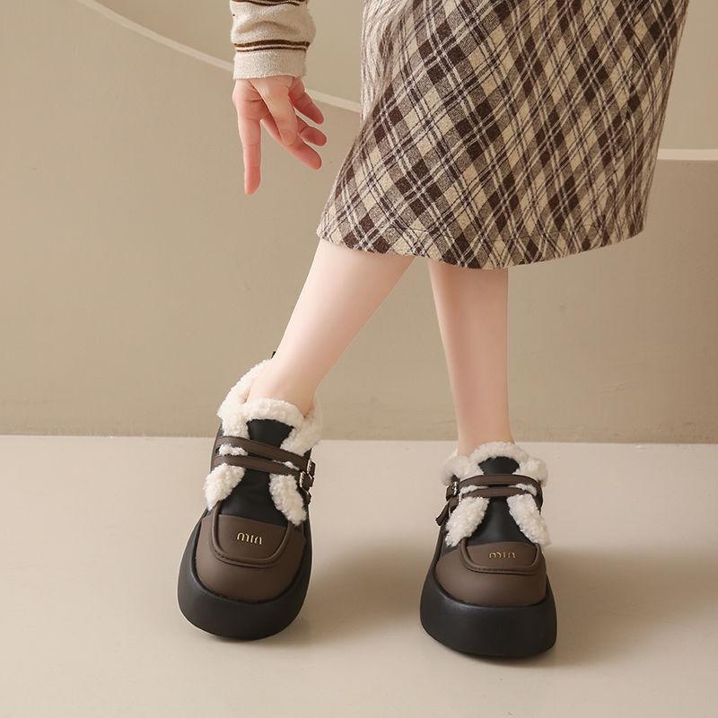 Dámské mokasíny na silné podrážce, kožené Mary Janes s velurovou podšívkou, podzimní/zimní teplé bavlněné boty, britský styl, off-white/černé.