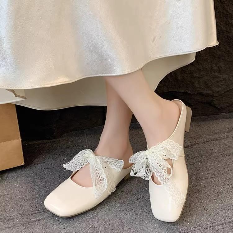 French small fragrant wind bag head half slippers women's shoes wear 2025 spring and summer evening wind Mary Jane half single shoes women