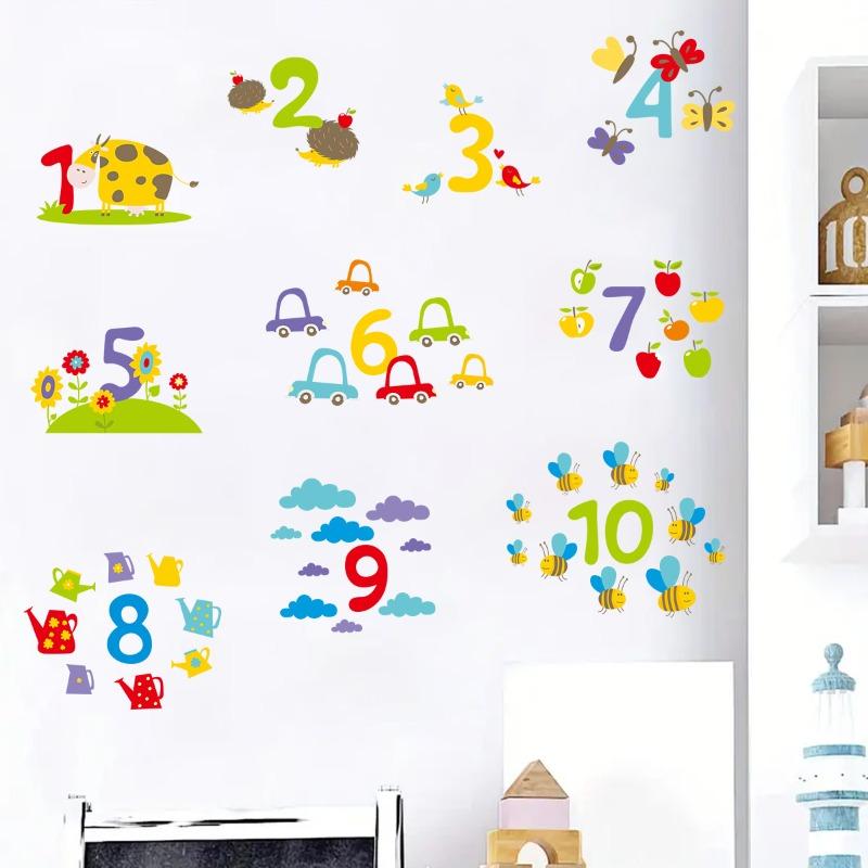 Cute Cartoon Colorful Numbers Flowers Animals Wall Stickers Self-Adhesive Decals for Kids Room Kindergarten Decor