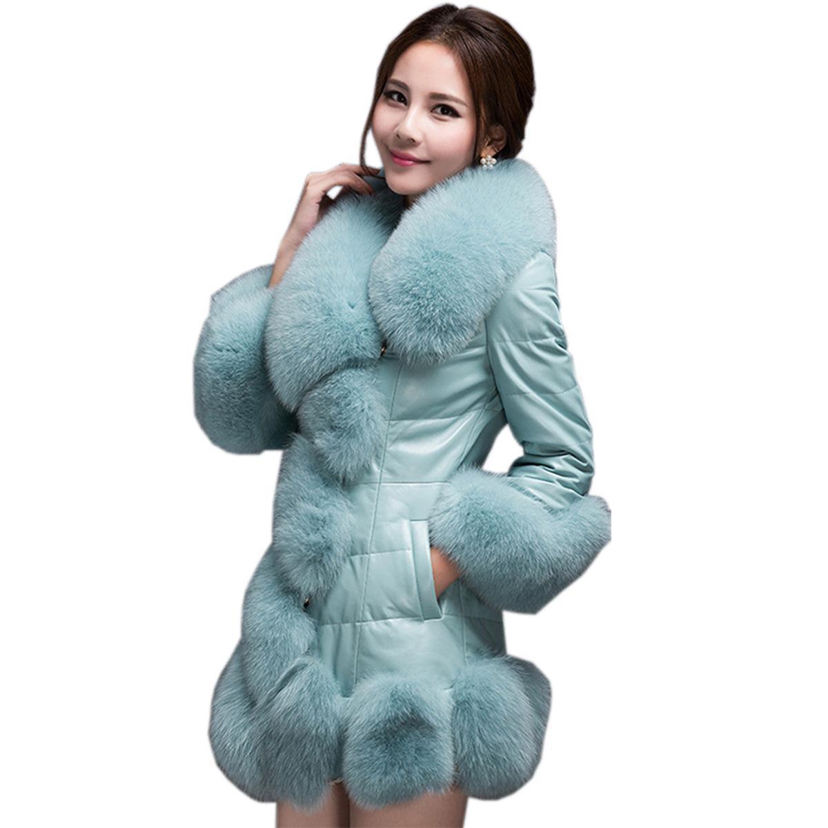 

Зимняя новая женская кожаная куртка из искусственного меха, женское пальто средней длины с воротником из искусственного лисьего меха, приталенное S небесно-голубой