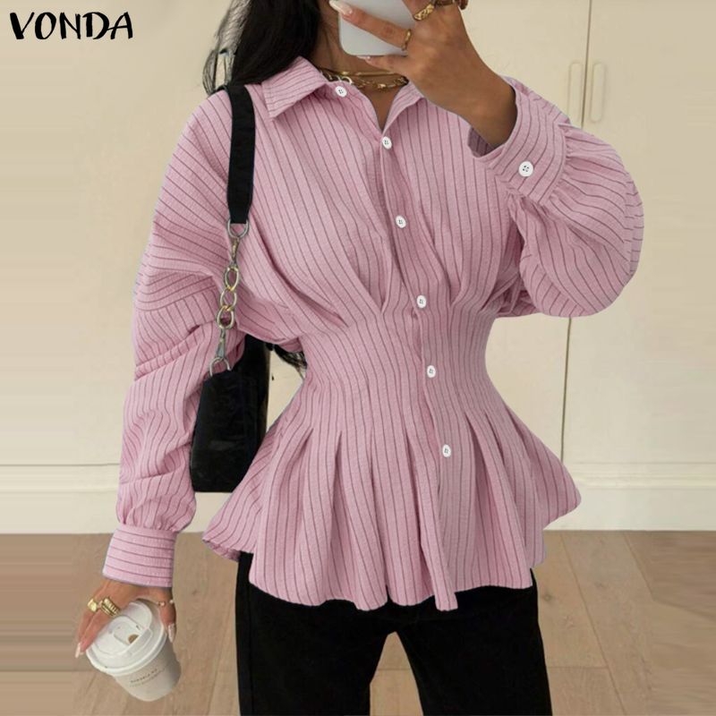 VONDA Womens Casual Lapel Neck Long Sleeve Ruffled Striped Print Loose Rumple Blouse Shirts