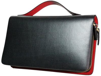 Black X Red F Adult Genuine Leather Spanish Leather Long Wallet Wallet Clutch Back Mini Second Bag Handbag Double Zipper Round Zipper Coin Purse Long