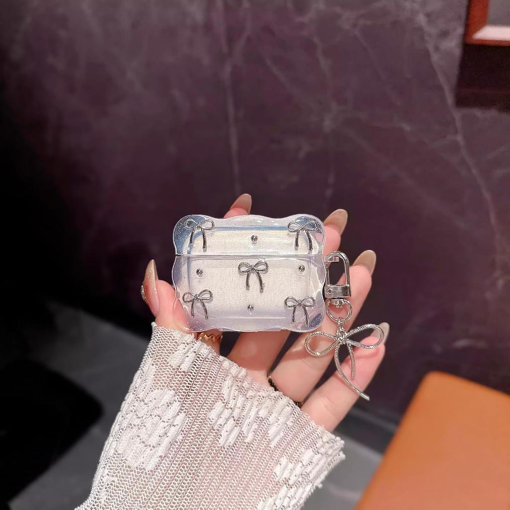 Cute Bow Case Design for AirPods 4 with Bling Bow Tie Keychain for Women Girl,Clear Silicone Soft TPU Shockproof Protective Skin Headphone Cover