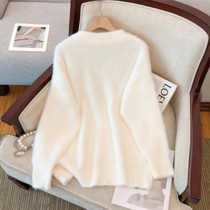 Women's Plus Size French V-Neck Mink Sweater - Autumn/Winter Loose, Soft, and Slimming Top