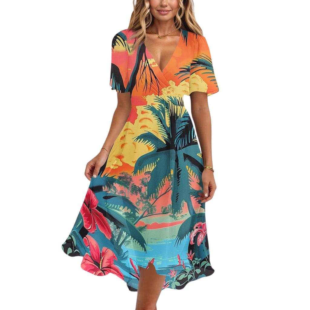 Women's Fashion Casual V Neck Short Sleeve Ruffled Vintage Printed Dresses