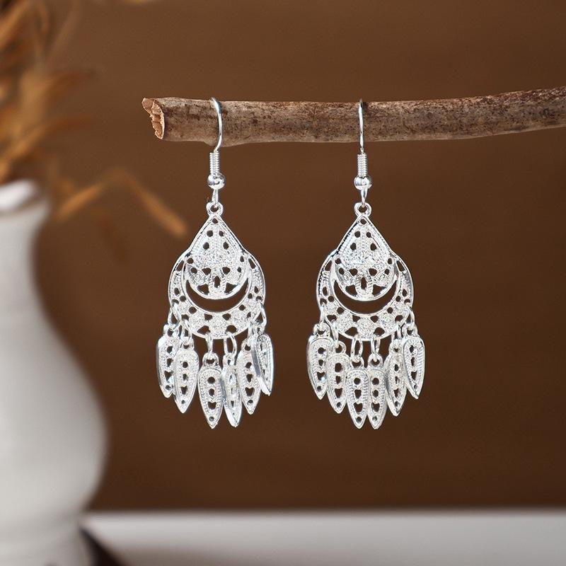 Ethnic Miao Silver Tassel Earrings - Retro Long Dangle Scenic Studs for Women
