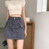 Women's High Waist Gray Workwear Mini Skirt with Drawstring Design